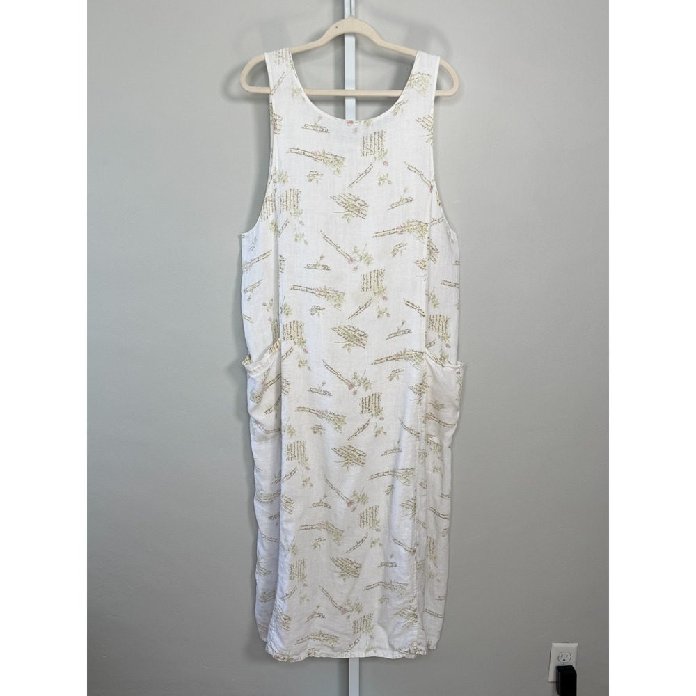Vintage Marc Ware Linen Maxi Dress Sleeveles White Floral Lagenlook Cottage 2X